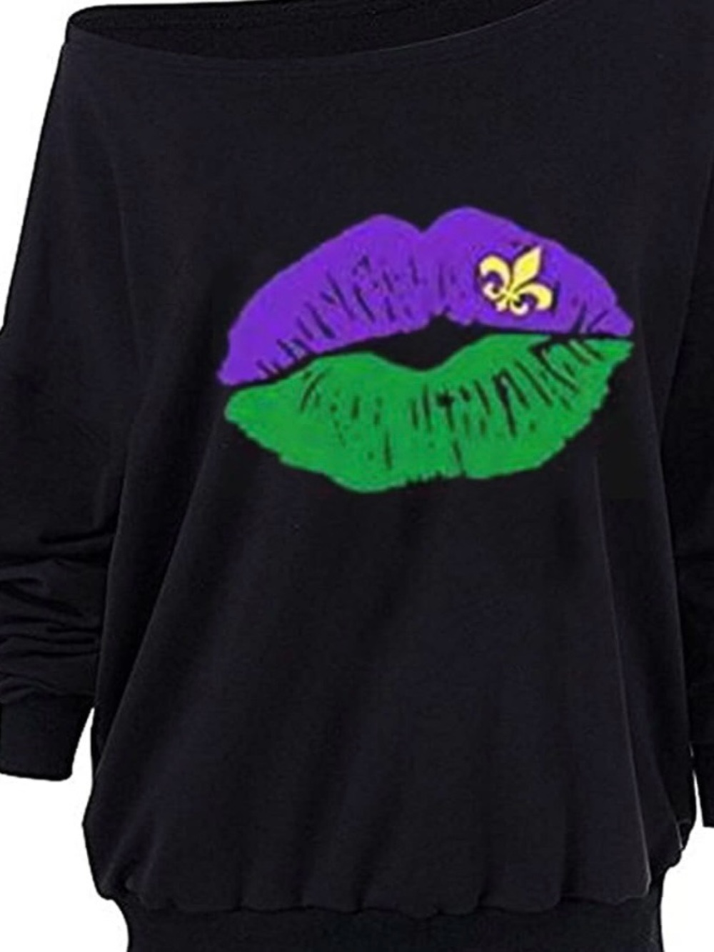 Black Women's Off-Shoulder Sweatshirt with Purple and Green Lip Graphic